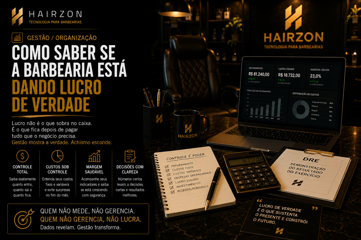 Dono de barbearia analisando relatório financeiro e gráfico de lucro em um tablet no balcão