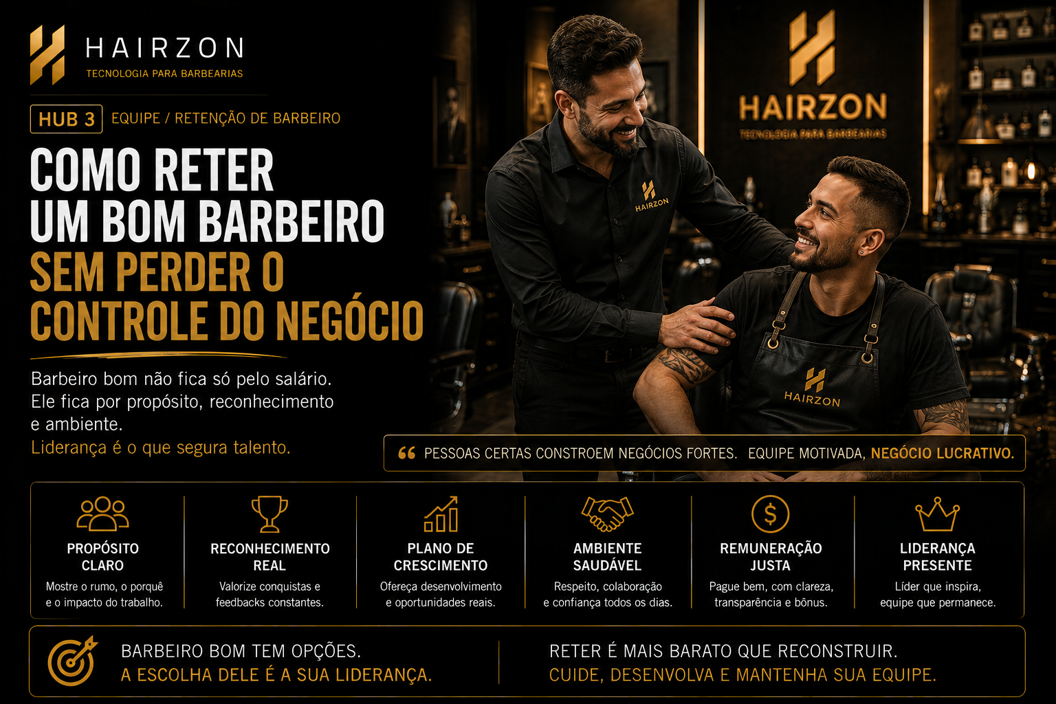 Dono de barbearia conversando com barbeiro experiente no salão, clima de confiança e reconhecimento profissional