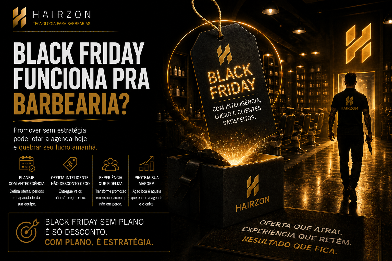 Barbearia com sinalização de promoção de Black Friday em vitrine de produtos