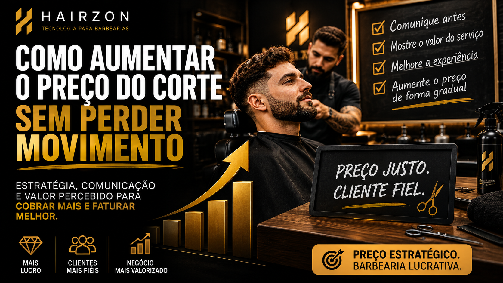 Dono de barbearia atualizando tabela de preços afixada no balcão de atendimento