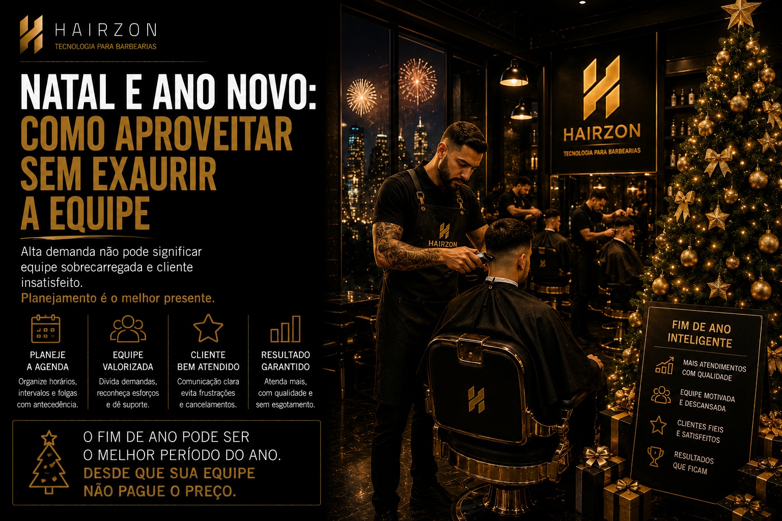 Equipe de barbearia atendendo movimento intenso de clientes durante dezembro