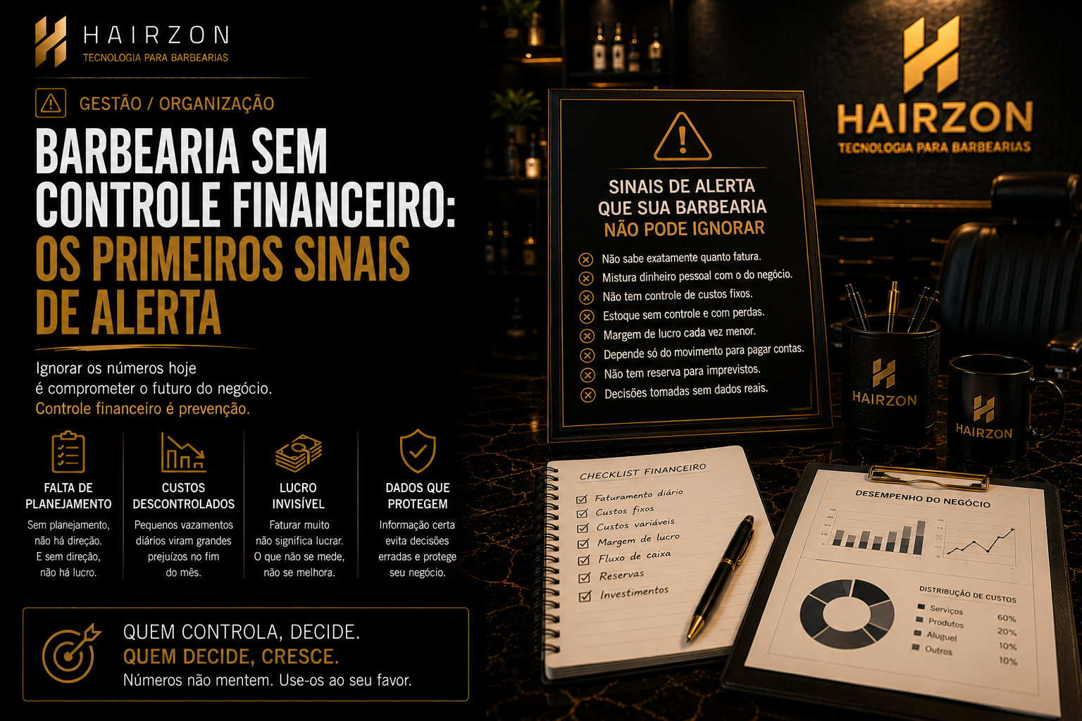 Dono de barbearia revisando anotações financeiras e recibos com expressão de atenção