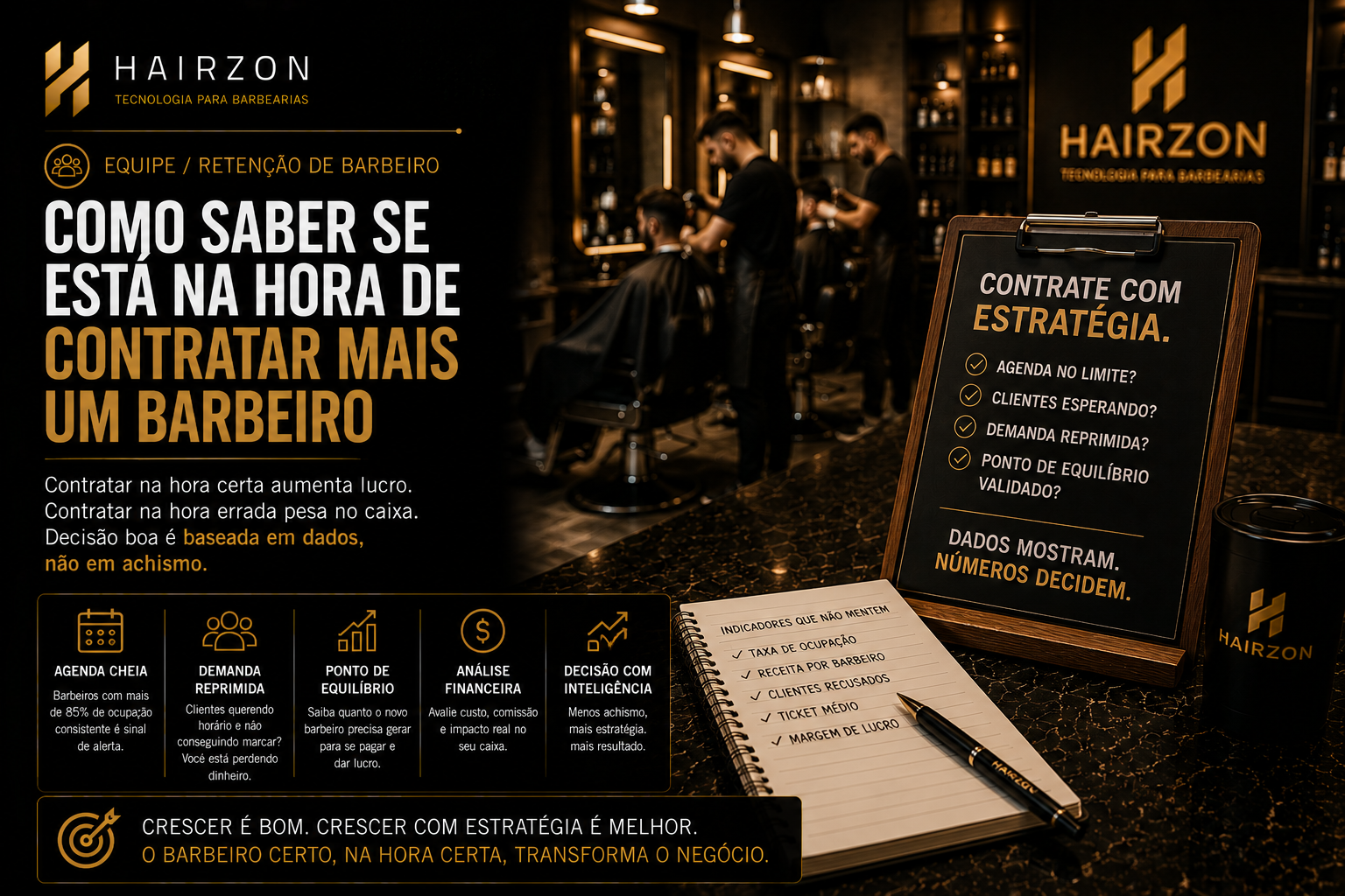 Barbeiro atendendo cliente em barbearia com agenda cheia visível ao fundo, indicando alta taxa de ocupação
