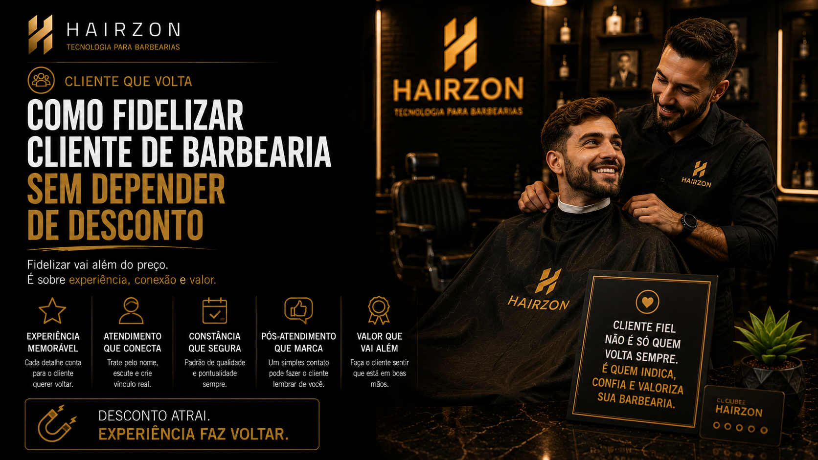 Barbeiro conversando de forma atenciosa com cliente fiel durante o atendimento na barbearia
