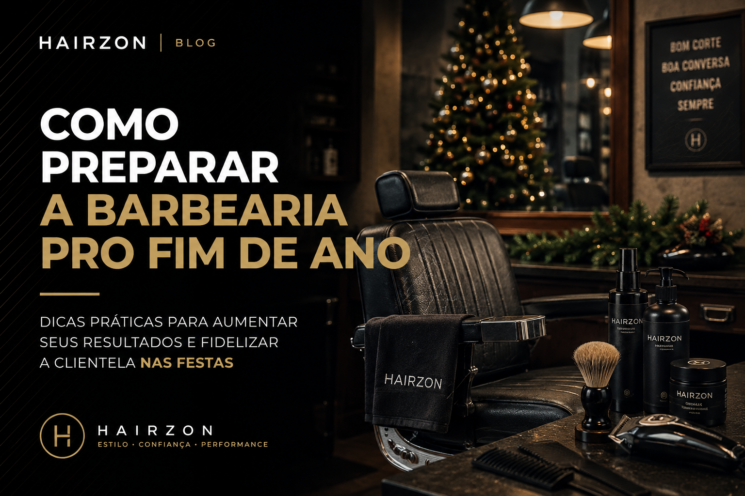 Prateleira de produtos de barbearia sendo reabastecida em preparação para o movimento de fim de ano