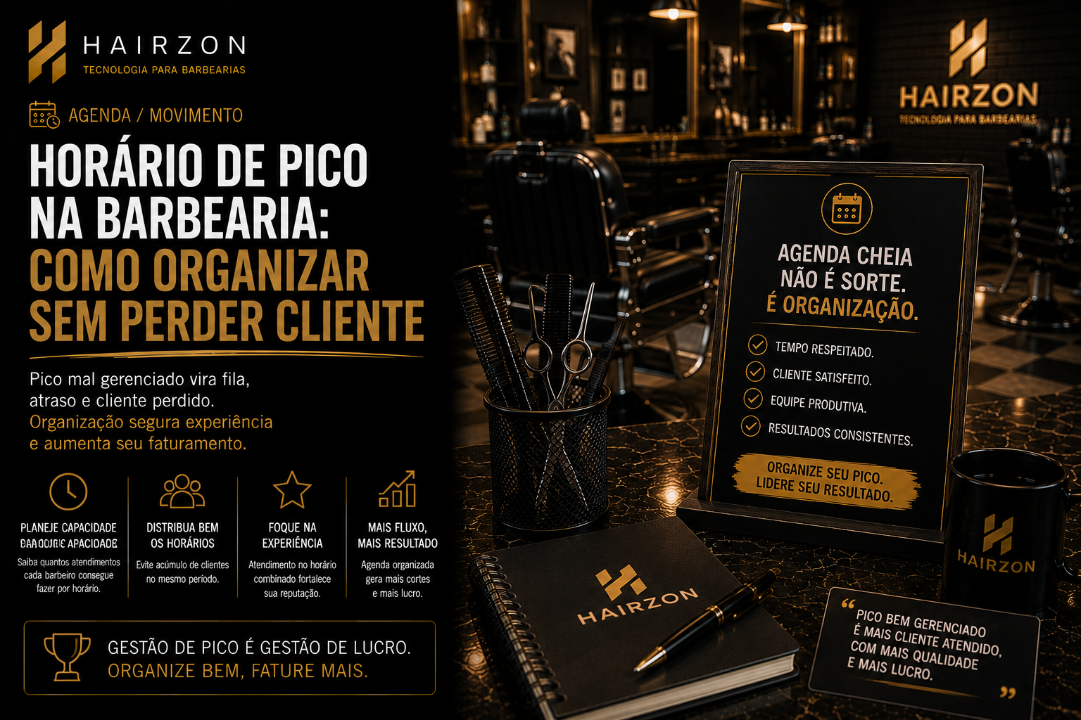 Barbearia movimentada em sábado de manhã com vários clientes esperando e barbeiros atendendo simultaneamente