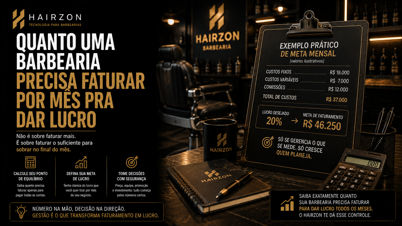 Calculadora e relatório financeiro sobre o balcão da barbearia representando o cálculo do ponto de equilíbrio