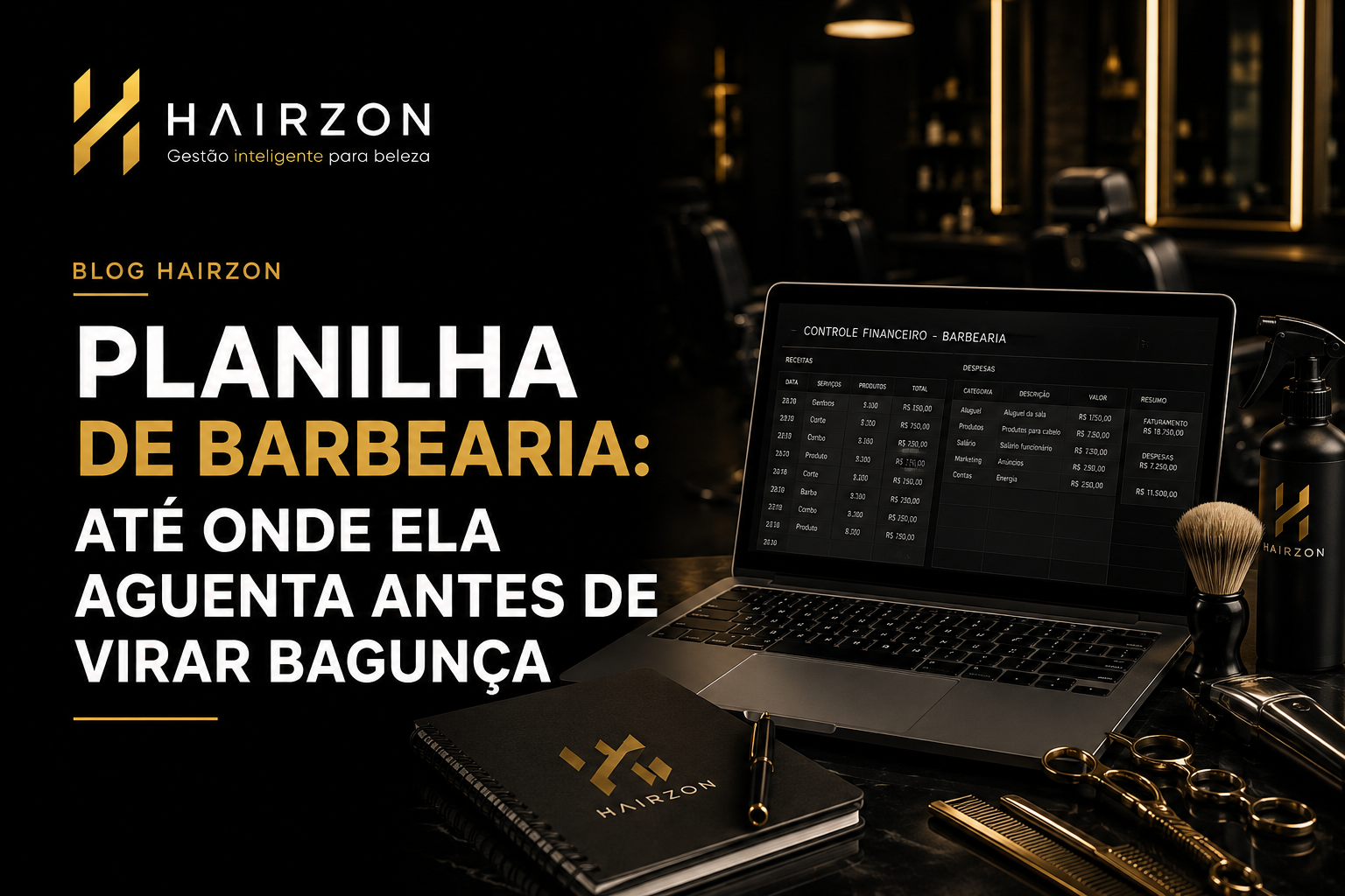 Planilha financeira de barbearia aberta no notebook ao lado de recibos de caixa