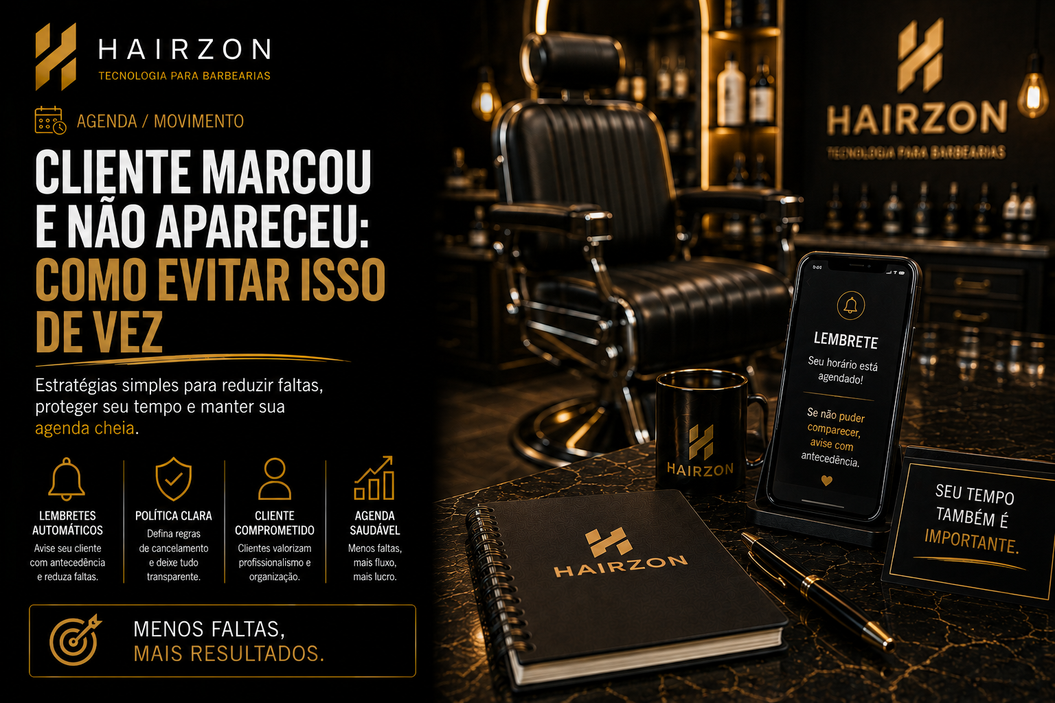 Cadeira de barbearia vazia com agenda marcada ao lado, representando horário reservado sem cliente presente
