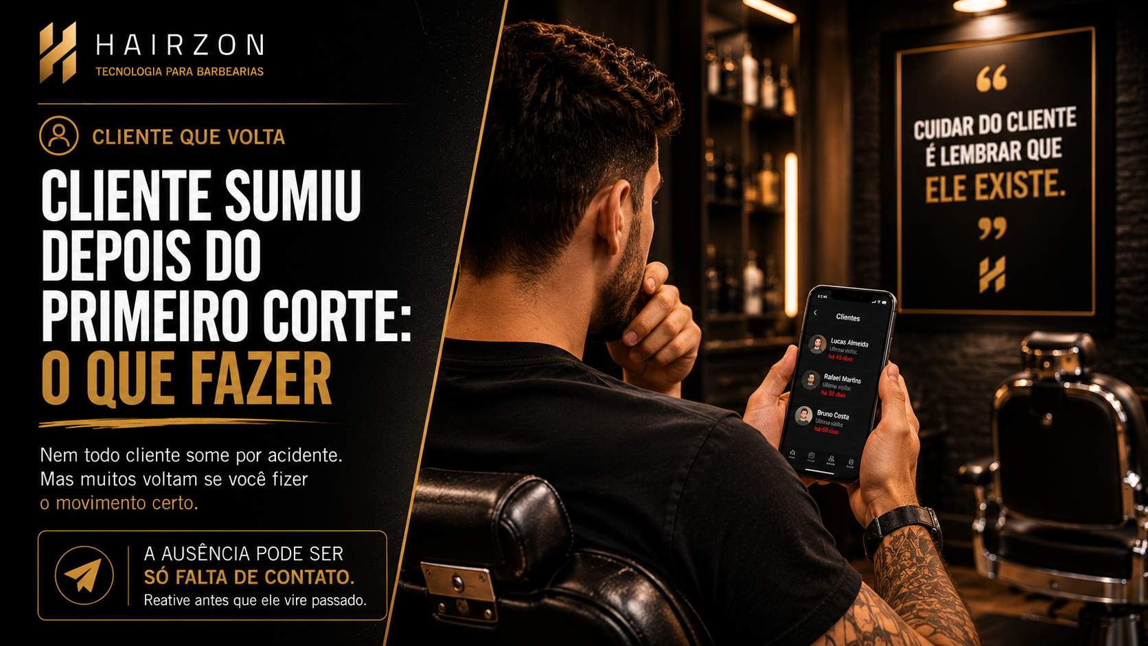Barbeiro enviando mensagem de reativação pelo celular para cliente que sumiu após o primeiro corte