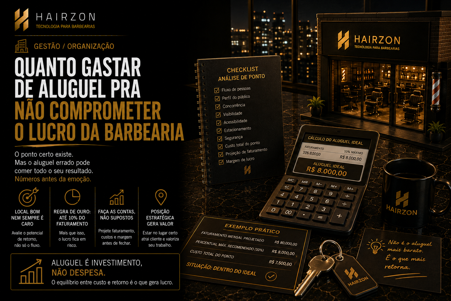 Fachada de barbearia com placa de aluguel e dono calculando custos em um caderno