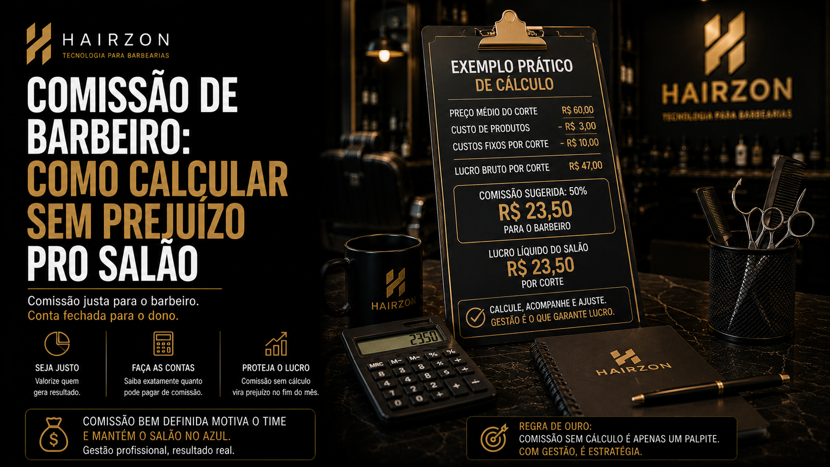 Barbeiro e dono conferindo a comissão do mês em um tablet dentro da barbearia