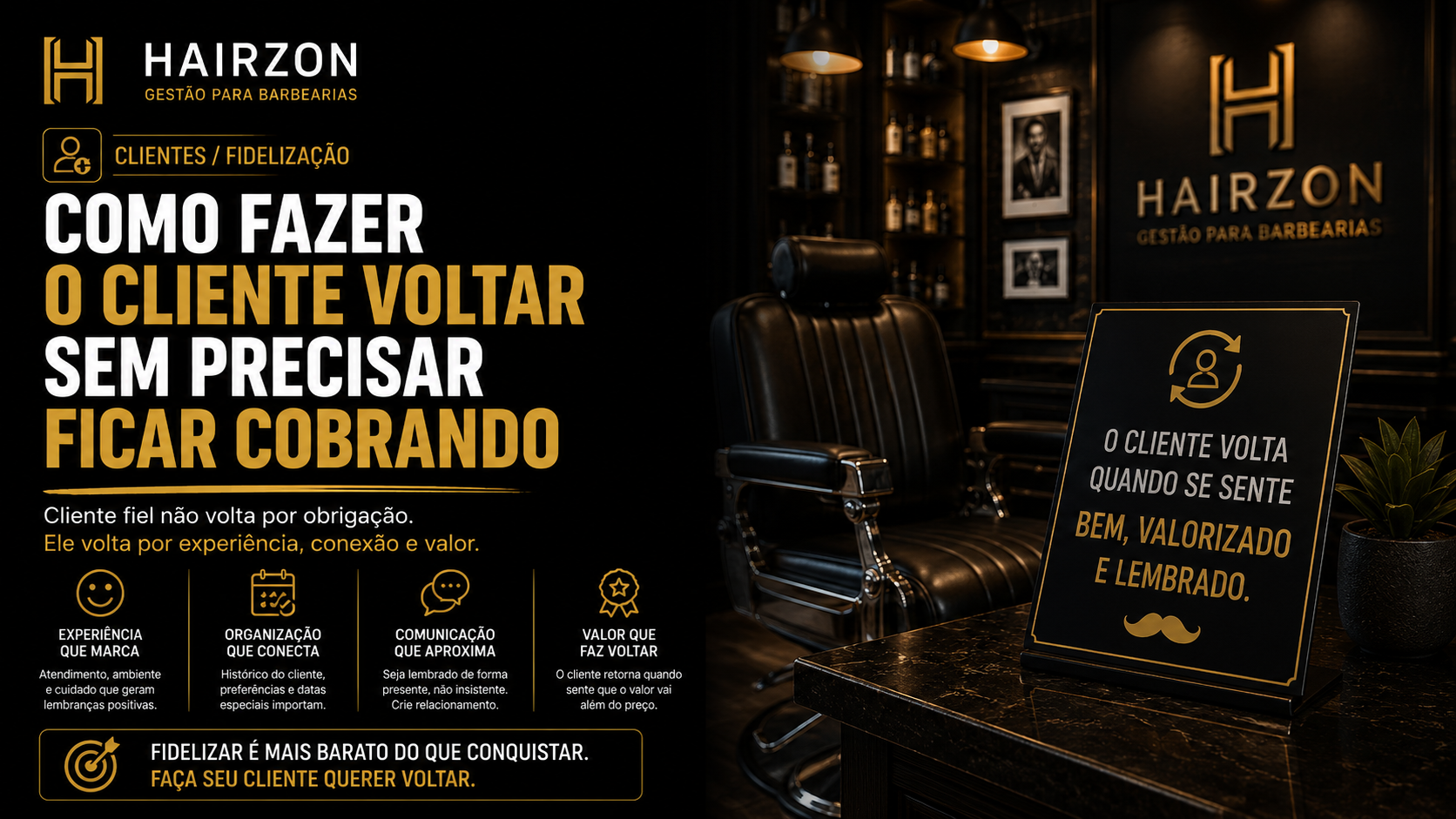 Barbeiro conversando com cliente satisfeito ao final do corte, prestes a marcar o próximo horário