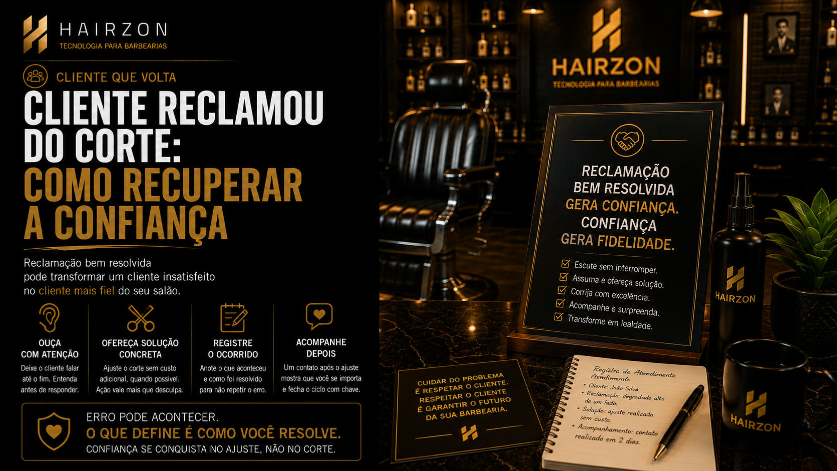 Barbeiro conversando com atenção com cliente insatisfeito para resolver reclamação sobre o corte