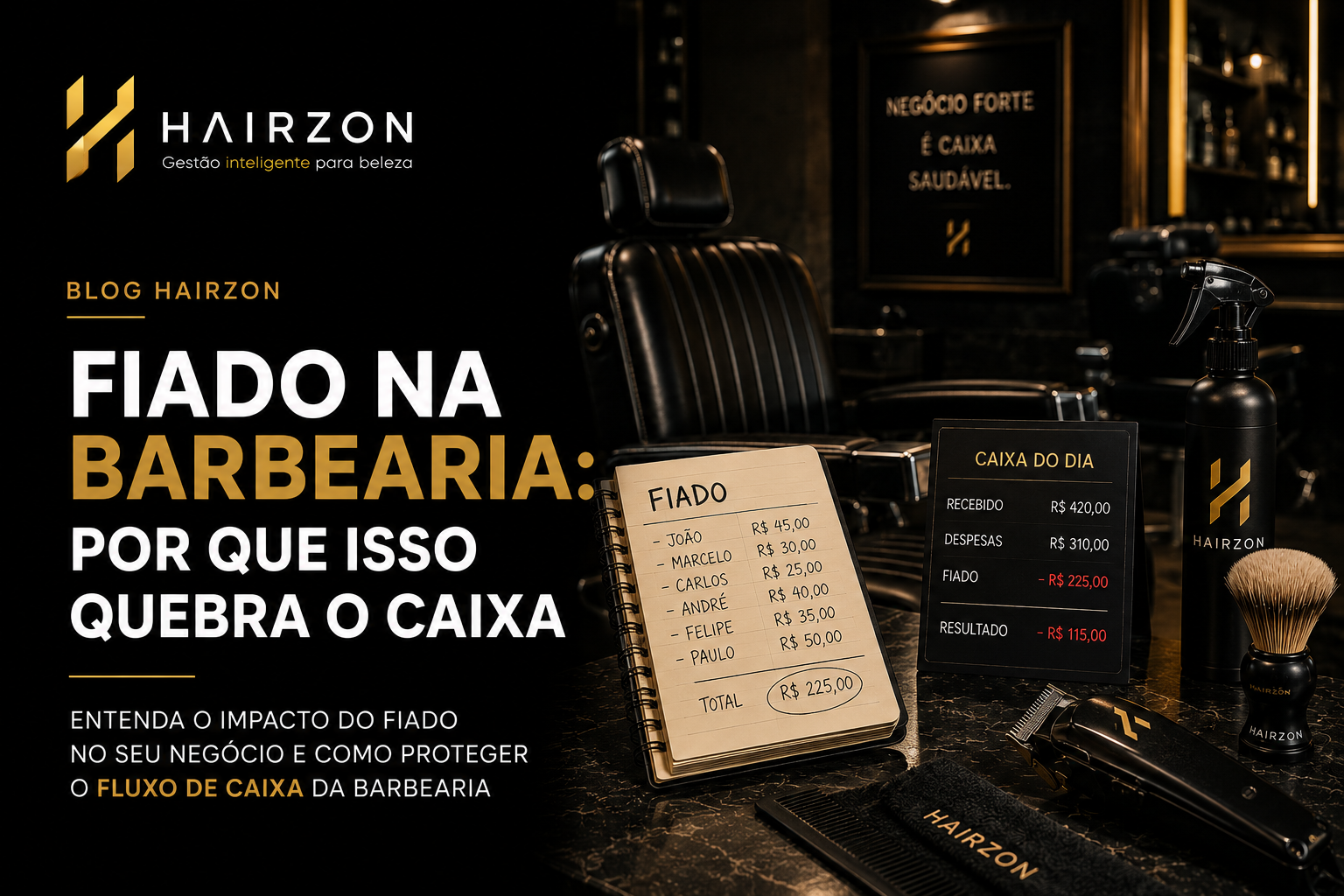 Barbeiro anotando pendência de fiado de cliente em caderno de controle financeiro