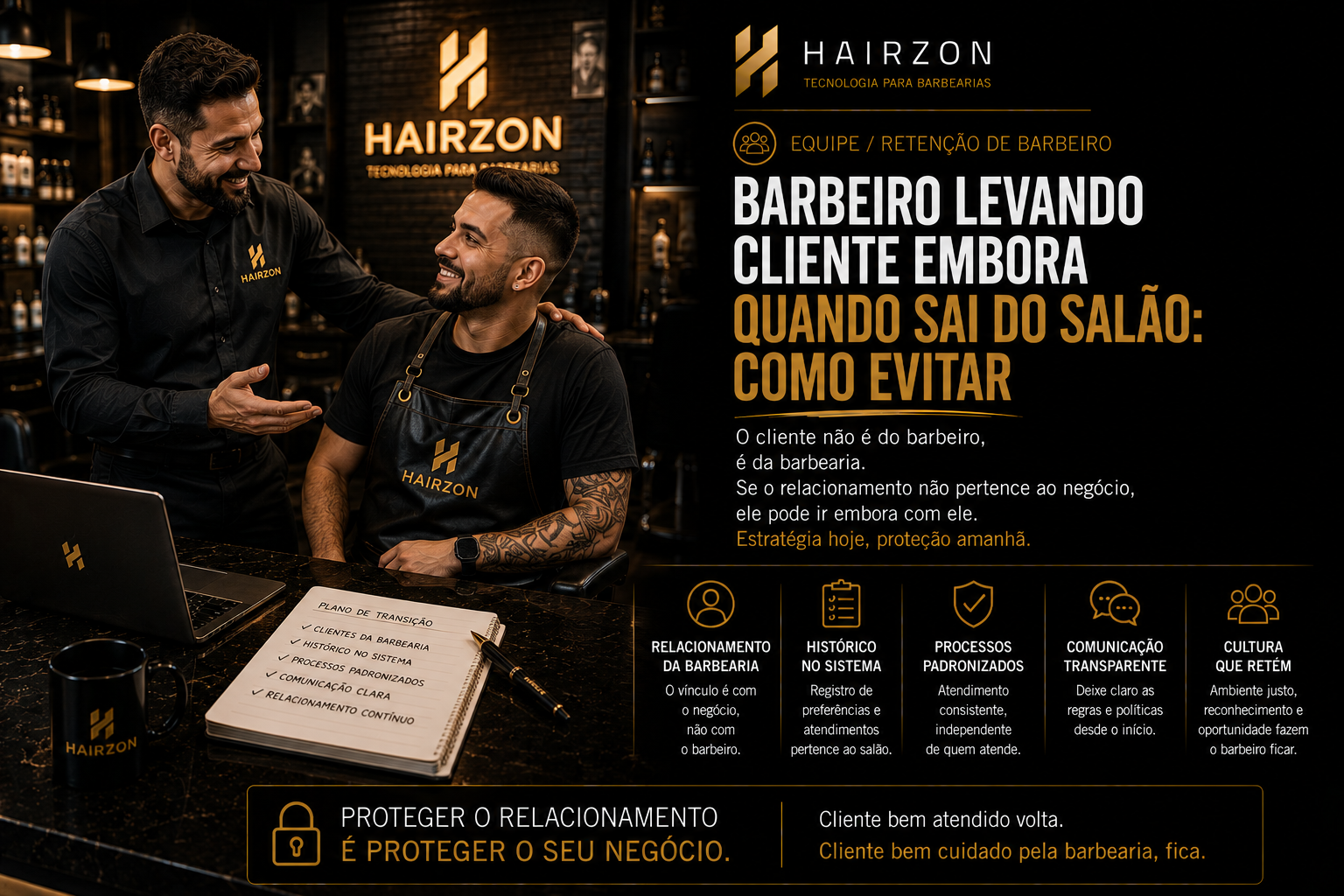 Barbeiro se despedindo da equipe enquanto dono da barbearia consulta cadastro de clientes em um tablet