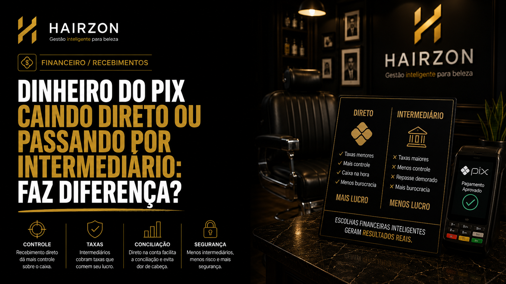 Ilustração do dinheiro do Pix caindo diretamente na conta bancária da barbearia sem intermediário