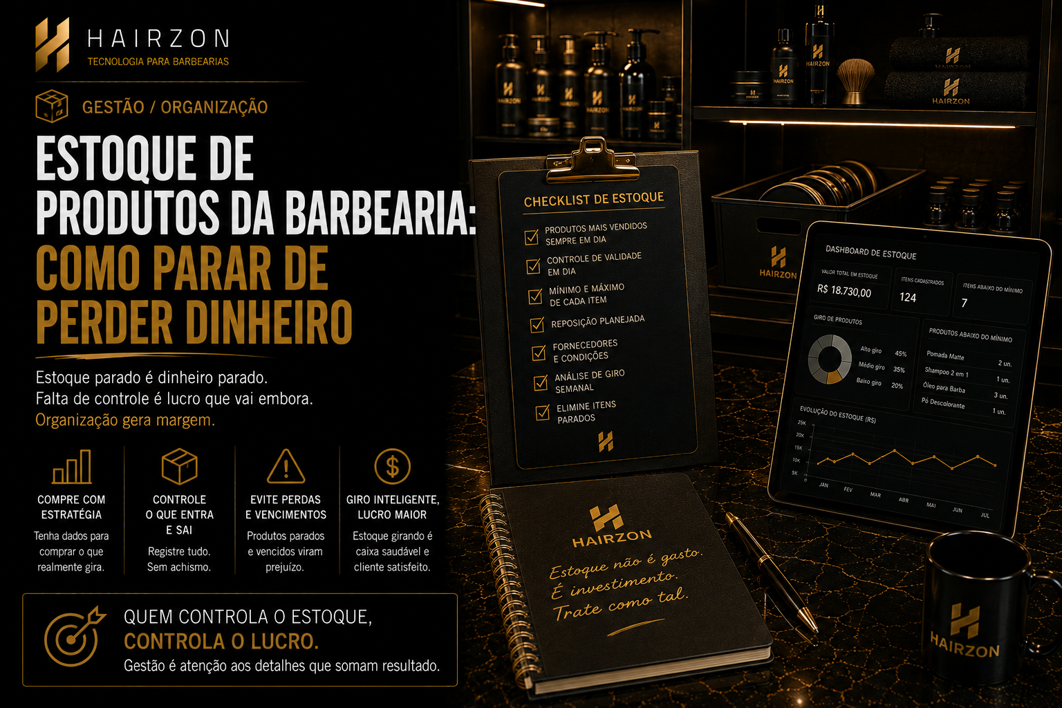 Prateleira de produtos de barbearia com dono conferindo estoque em uma prancheta