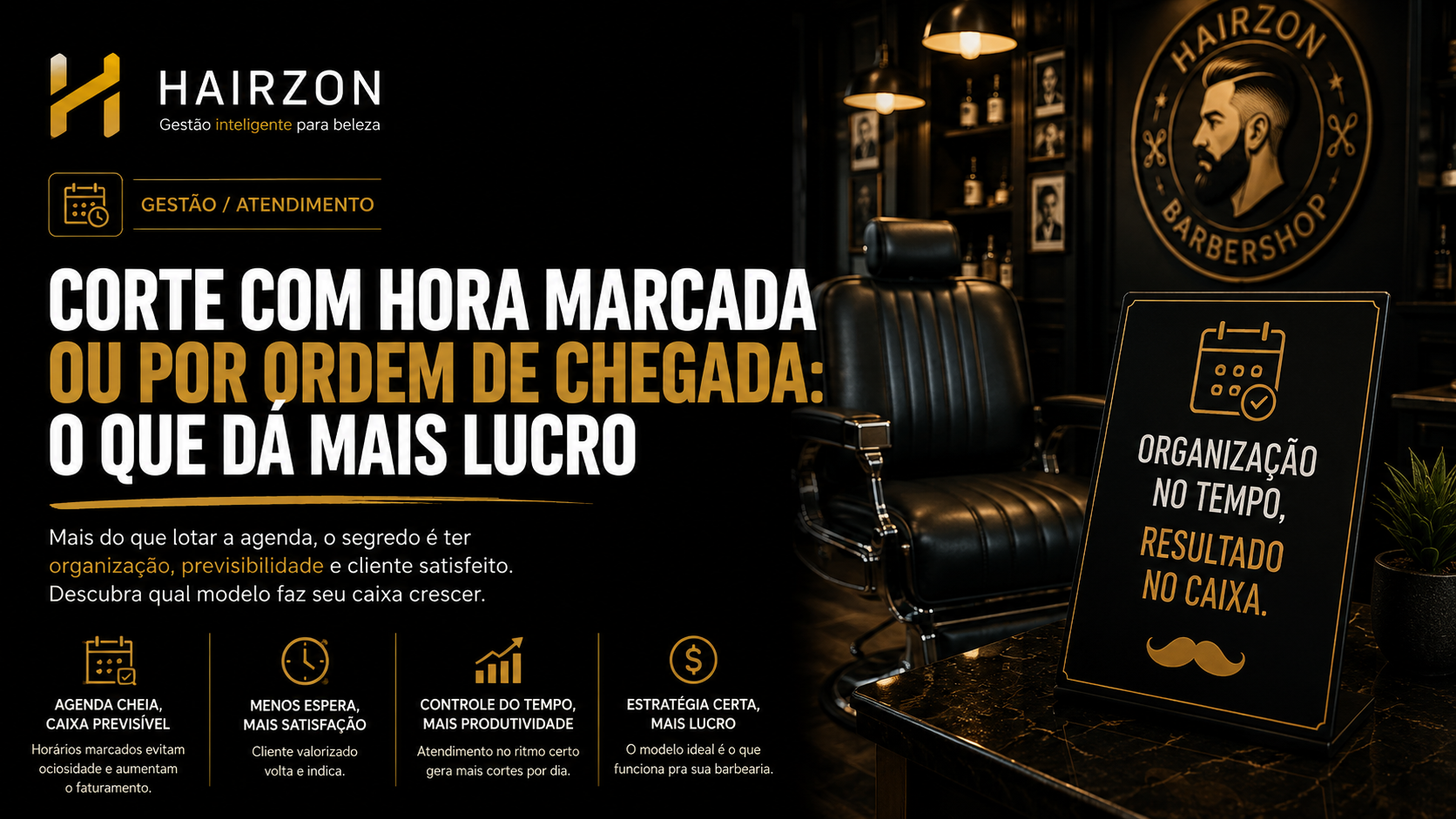 Tela de celular mostrando agenda de horários marcados ao lado de barbearia com clientes aguardando em pé